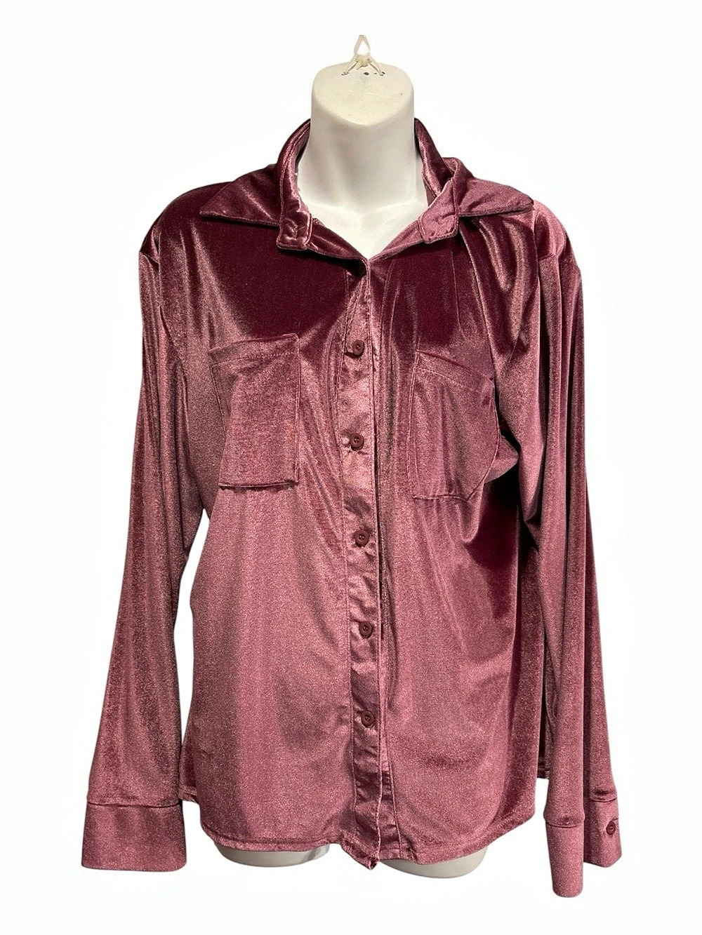 Button Down blouse in Pink velour looking material. Size 2XL Like New